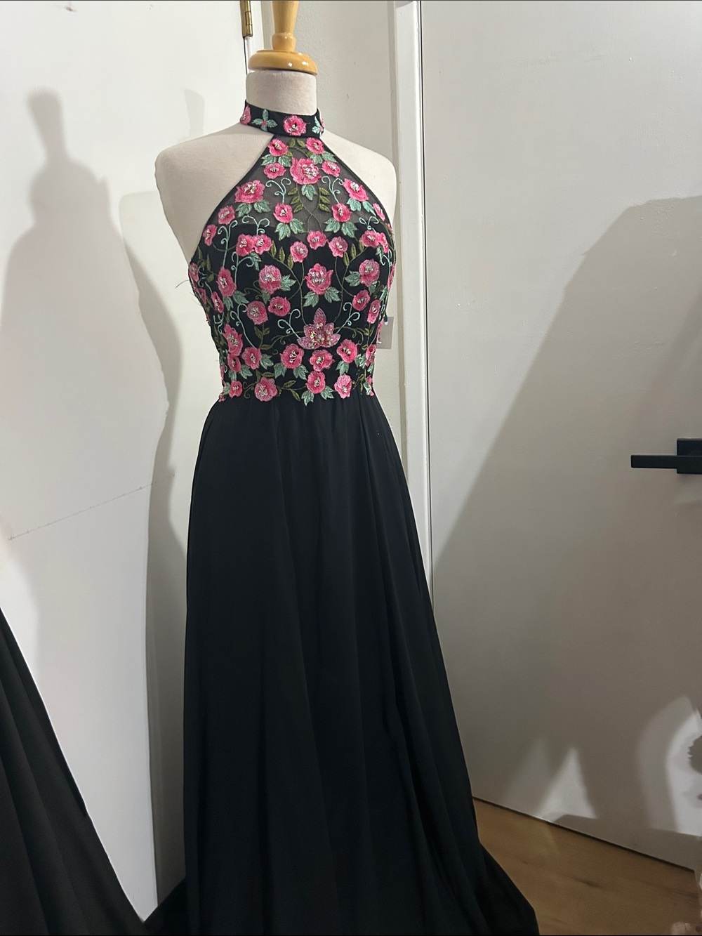 Black Halter Prom Dress with Pink Floral Embroidered Bodice